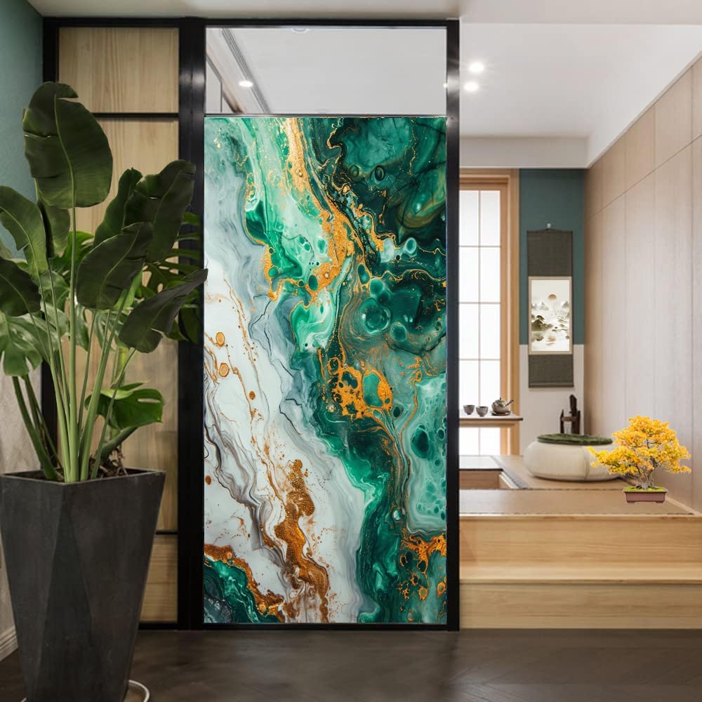 Watercolour Marble Window Film Privacy White Green Textured Gold Painting Decorative Stained Glass Decal for Home, Adhesive Window Sticker 31.5Wx55.1L inch