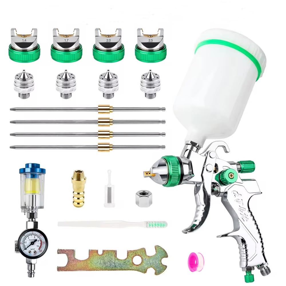 NEWFUN Pistola de Pintura, Juego de Pistolas Pulverizadoras con 4 Boquillas de 1,4/1,7/2,0/2,5 mm, Aptas para Automóviles, Proyectos de Bricolaje, etc. (Color Verde)