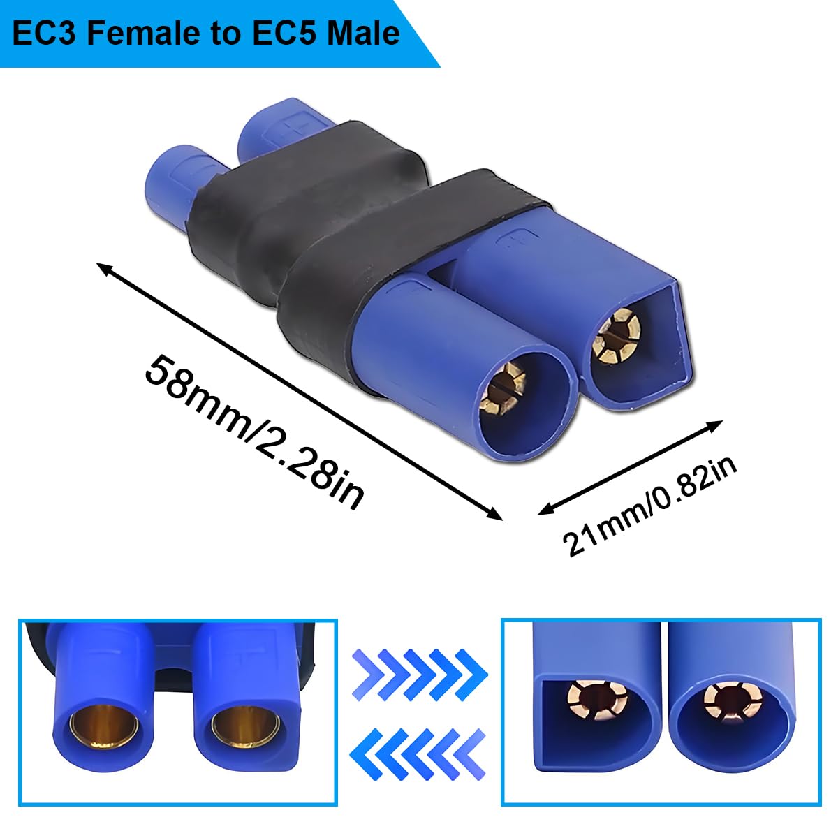 4 adaptery wtykowe EC3 do EC5, pozłacane styki miedziane obudowa PA66 wtyczka EC3-do EC5 adapter gniazda do samolotów RC, dronów, ładowarek akumulatorów Lipo i NiMH