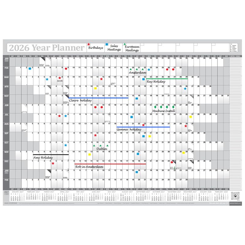PlannerHead 2026 Wall Planner Grey | Yearly Calendar 2026 for Students, Families, Businesses, Offices | UK & Ireland Bank Holidays | Unmounted & Unlaminated (Grey, Large 49cm x 70cm - Folded)