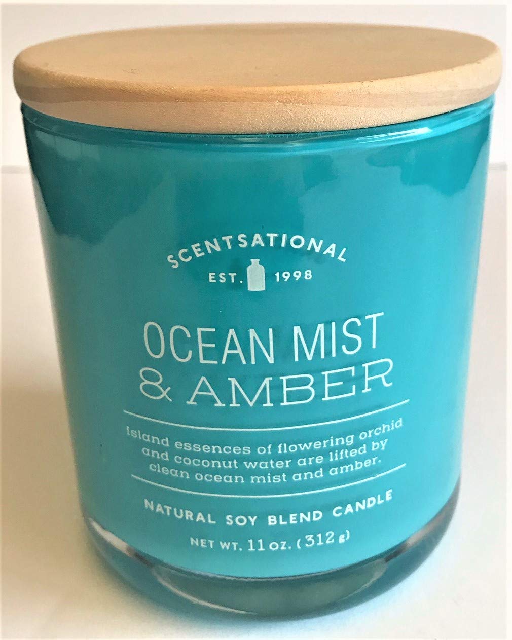 Natural Soy Wax Blend Scented Candle Ocean-Mist + Amber Glossy Teal Glass Jar, 11 Oz.