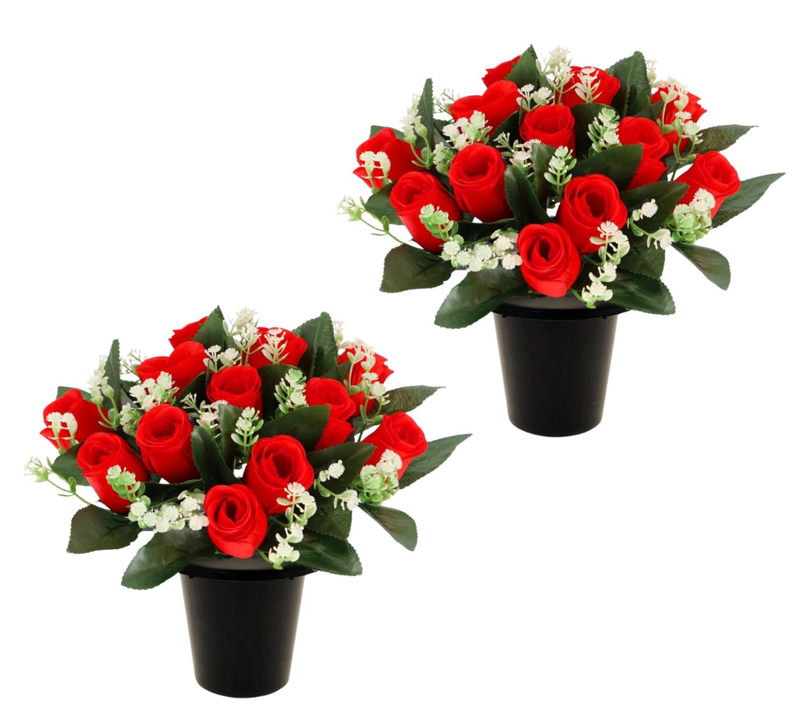 Caliko Set of 2 Grave Flower Pots with Improved Design | Artificial Flowers for Graves in Pots | 12-Head Red Artificial Flowers | Perfect for Cemetery Decor, Christmas Tributes & Memorial Elegance.