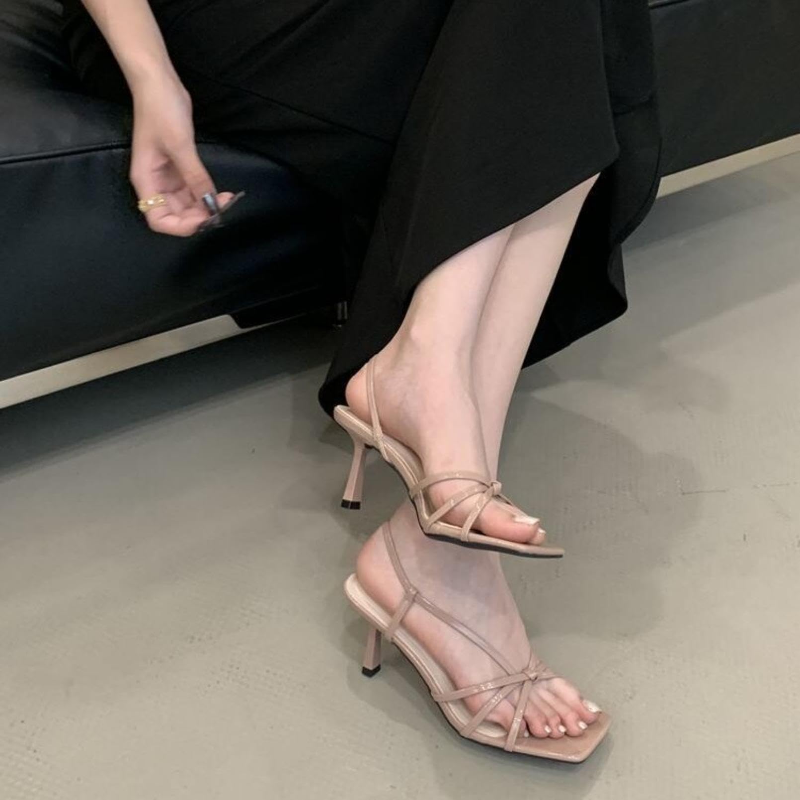Sandalias Mujer Tacón Punta Cuadrada Tiras Cruzadas Slingback