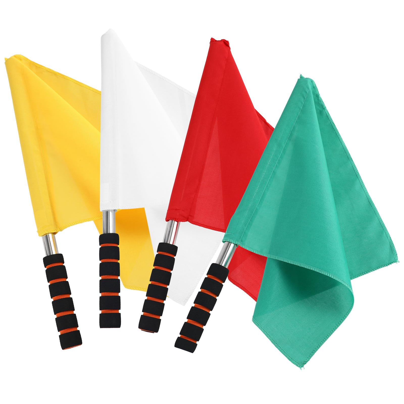 Lot de 4 drapeaux d'arbitre en acier inoxydable avec poignée en éponge pour compétition de football, de volleyball, de compétition (jaune, rouge, vert, blanc)