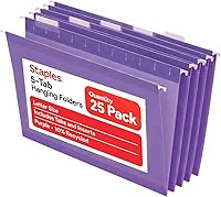 Vista 1 de Staples Carpetas colgantes para archivos, tamaño carta, morado, pestañas de corte 1/5, resistentes al desgarro, incluye pestañas e insertos