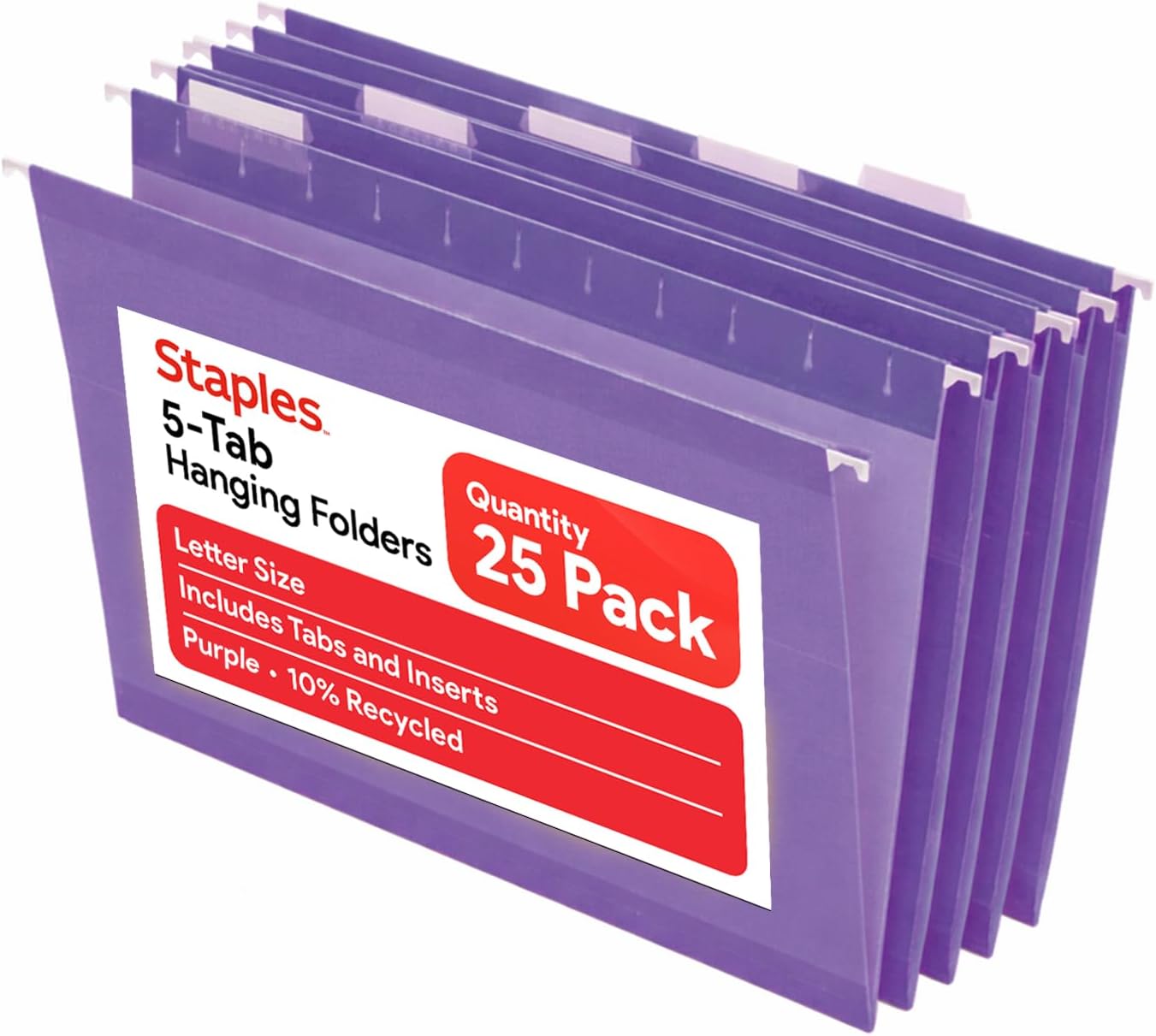 Staples Hanging File Folders, Letter Size, Purple, 1/5‑Cut Tabs, Tear‑Resistant, Includes Tabs & Inserts – 25/Pack