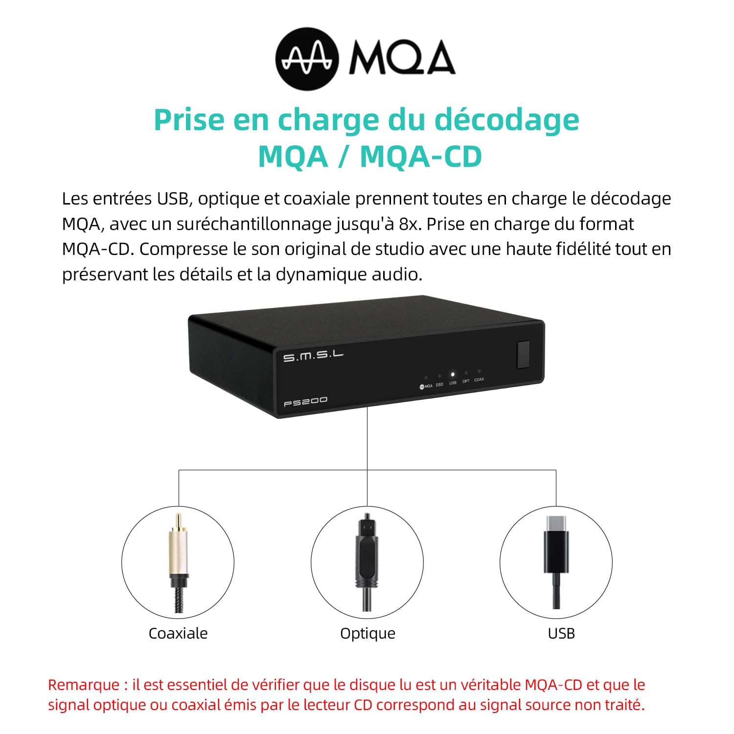 SMSL PS200PRO ES9039Q2M HiFi-DAC, convertisseur audio numérique-analogique DSD512 PCM 32Bit/768kHz, USB/optique/coaxial sur sortie stéréo cinch, MQA/MQA-CD-Audio-DAC pour PC/PS5/amplificateur
