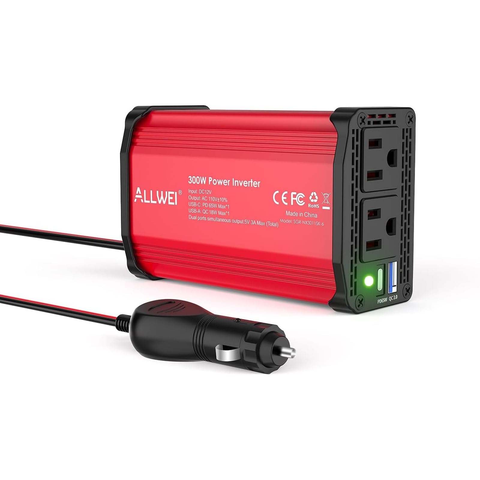 ALLWEI 300W Car Power Inverter 12V DC to 110V AC Car Charging Adapter