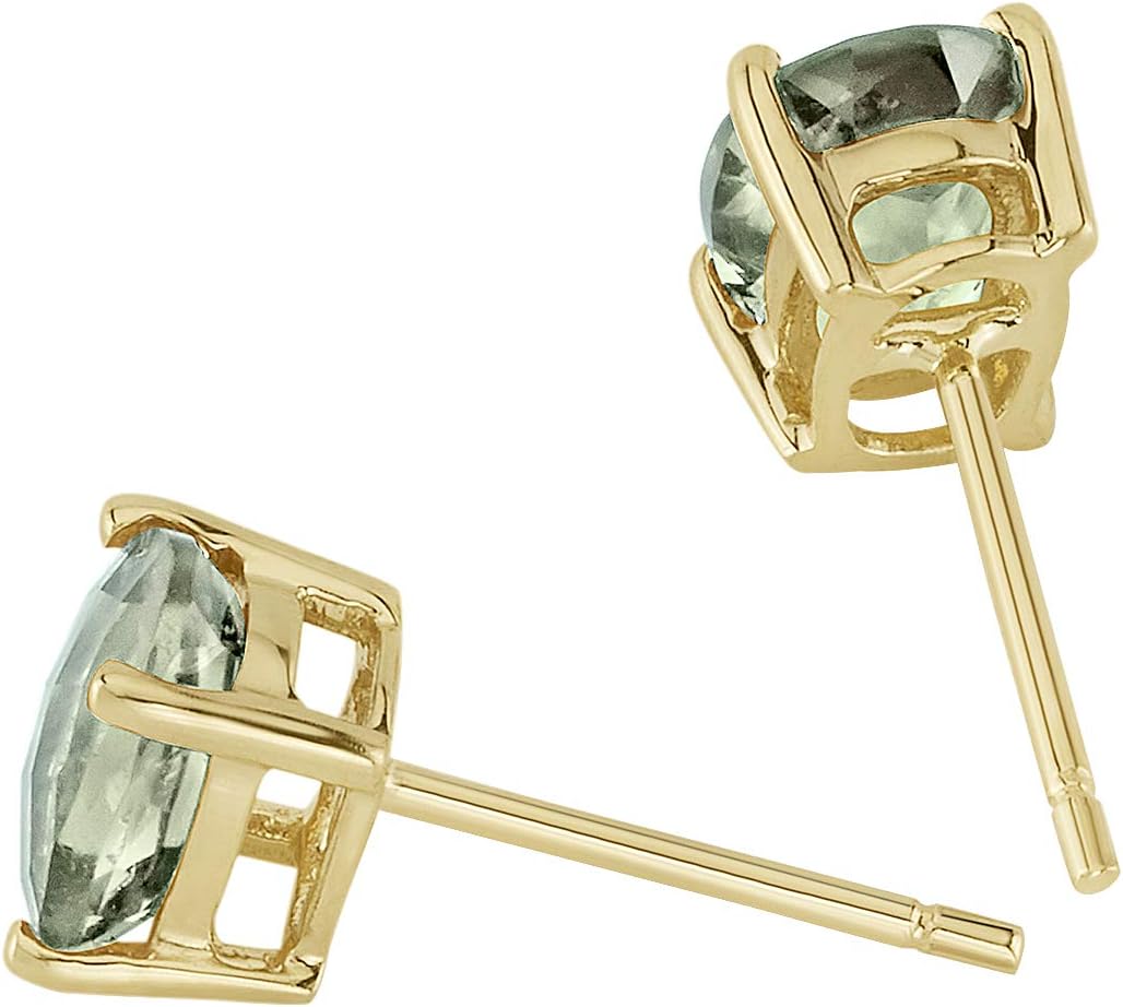 Peora Solid 14K Yellow Gold Green Amethyst Earrings for Women, Genuine Gemstone Solitaire Studs, Hypoallergenic 7x5mm Oval Shape, 1.50 Carats total, Friction Back, Fine Jewelry