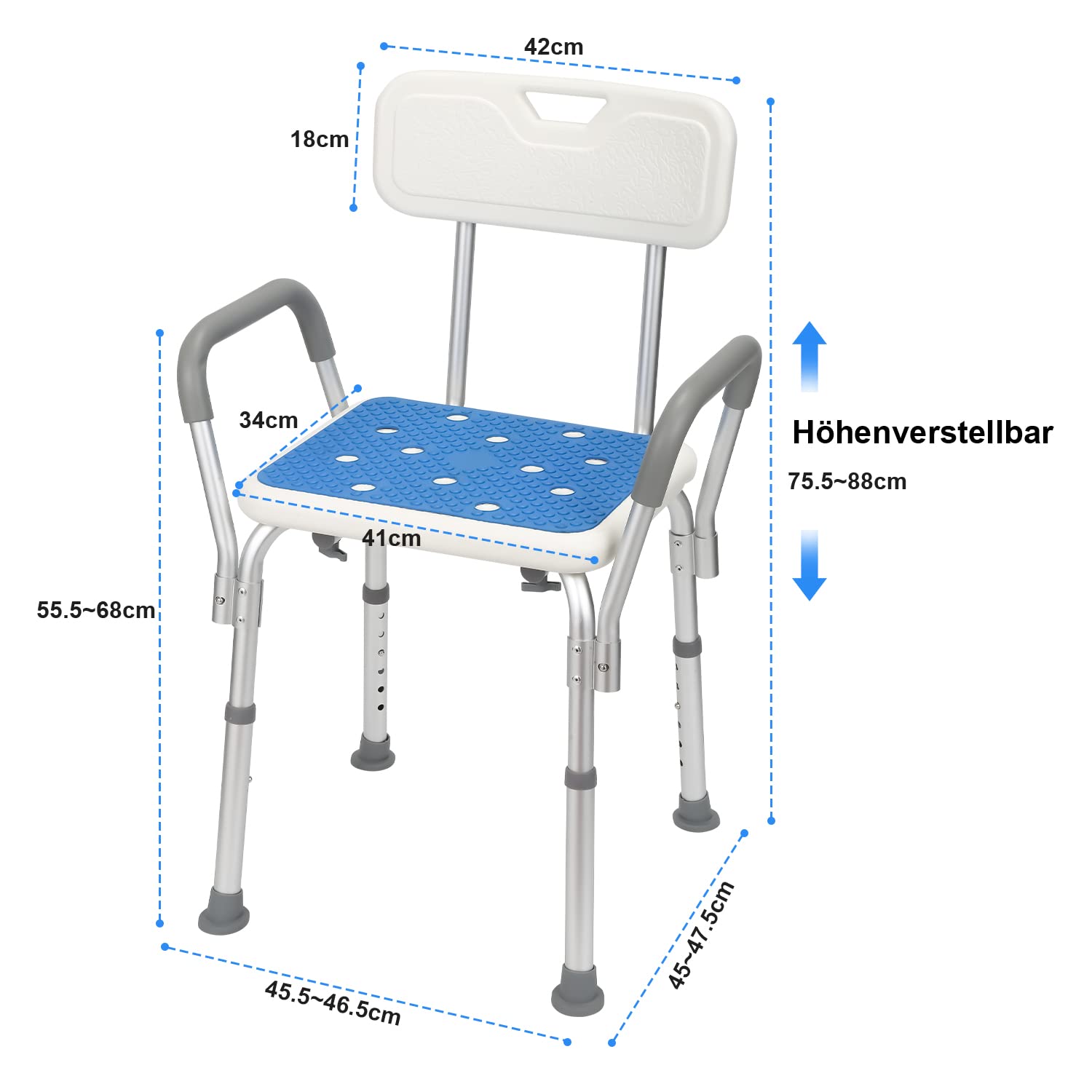 Taboret prysznicowy dla seniorów z oparciem i podłokietnikami, z regulacją wysokości, obciążenie do 136 kg, krzesło prysznicowe, nowoczesny taboret łazienkowy