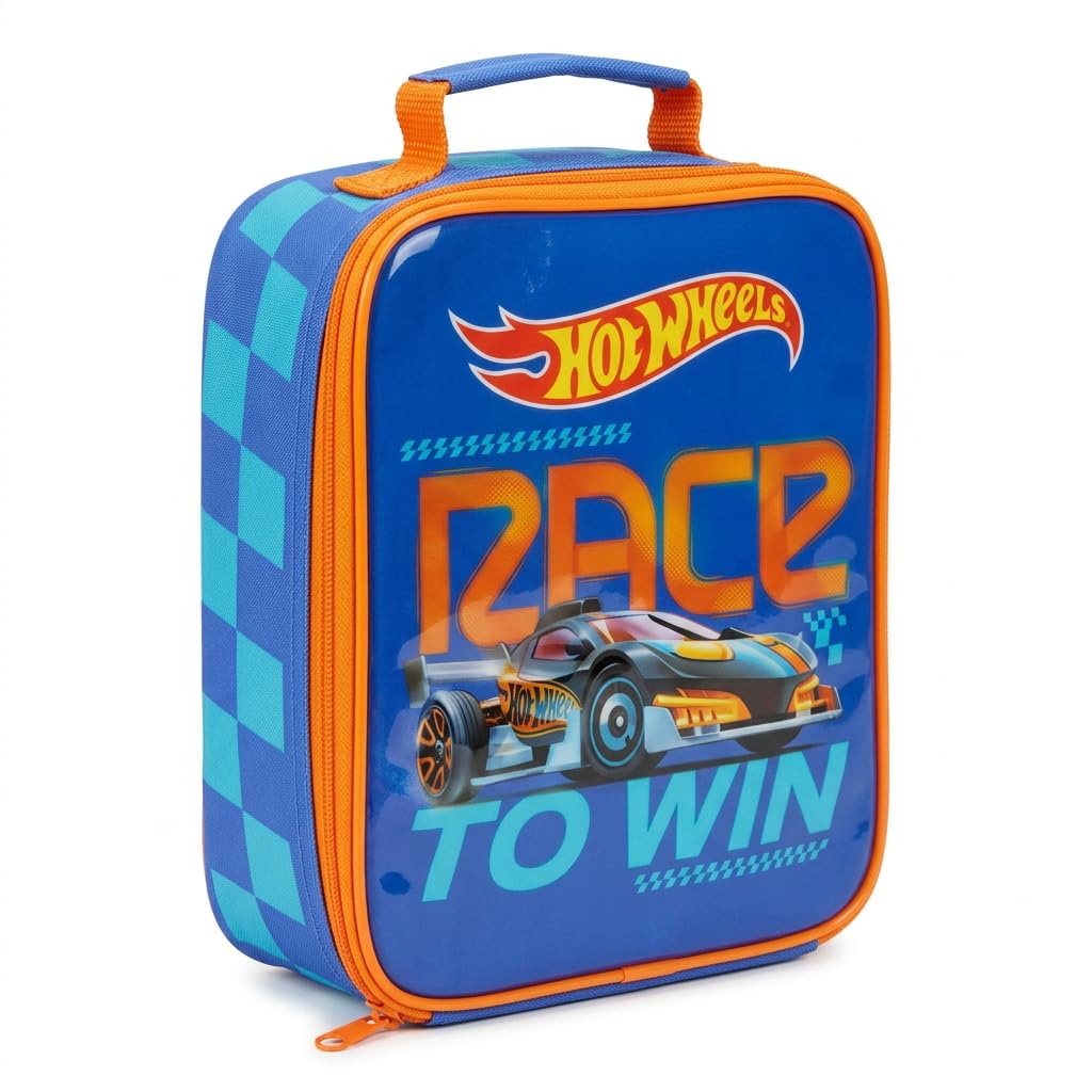 Hot Wheels Race to Win Kids Lunch Bag, Insulated School Lunch Bag with Zip Closure, Carry Handle and Thermal Lining, Wipe Clean BPA Free Materials, 23 x 20 x 8 cm