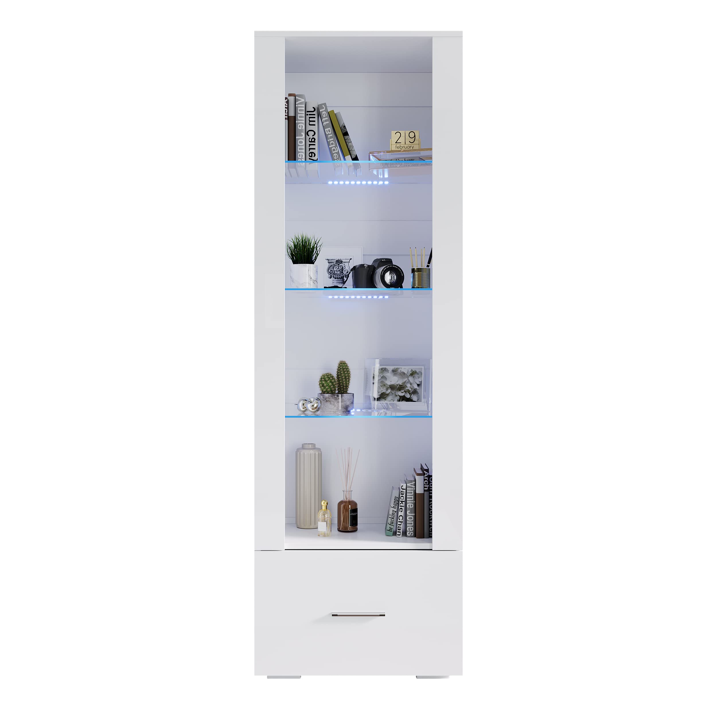SONNI Witryna z oświetleniem LED, szklana witryna z szufladami, biała, front na wysoki połysk, witryna kolekcjonerska, szafa z witryną, szer. 550 x gł. 350 x wys. 1720 mm