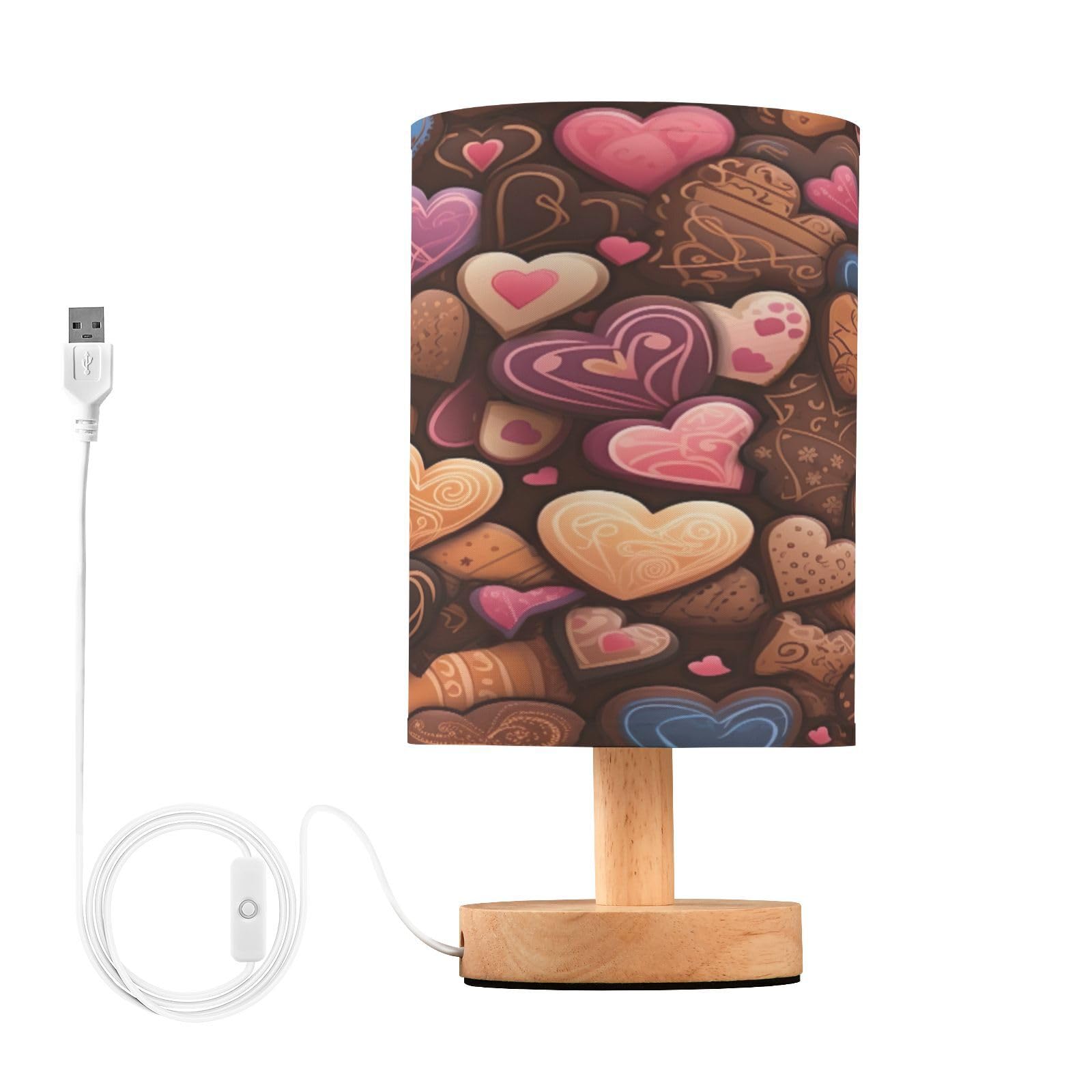 SDMKA Hearts Biscuits Brown Bedside Table Lamp for Bedroom, Minimalist Nightstand Lamp with Round Fabric Shade for Living Room, Office, No Bulb Required
