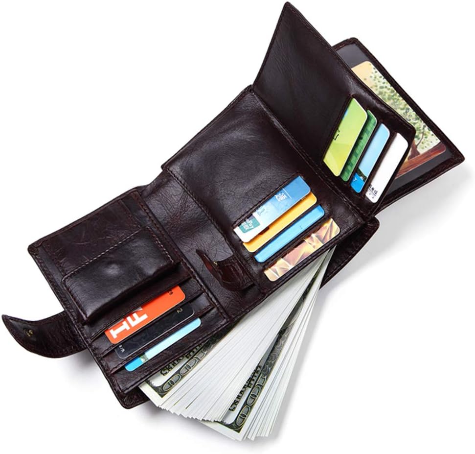 Mens Wallets Slim Trifold Soft Leather A Lot of Pockets with Zipper Leather Credit Card Holder for Mans (Dark coffee)