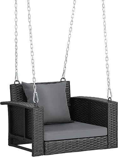 Miniatura 9 de Outvita Columpio para porche, columpio colgante de 5 pies para exteriores, columpio de mimbre para 3 personas, con cojín, almohada y cadena para