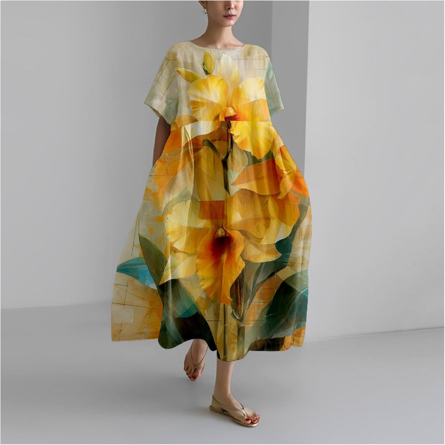 MARSVOVO Floral Dress for Women 2024 Summer Japanese Art Clothing Ramie Orchid Print Loose Fit Ruffle Hem Flowy Dresses - Image 2