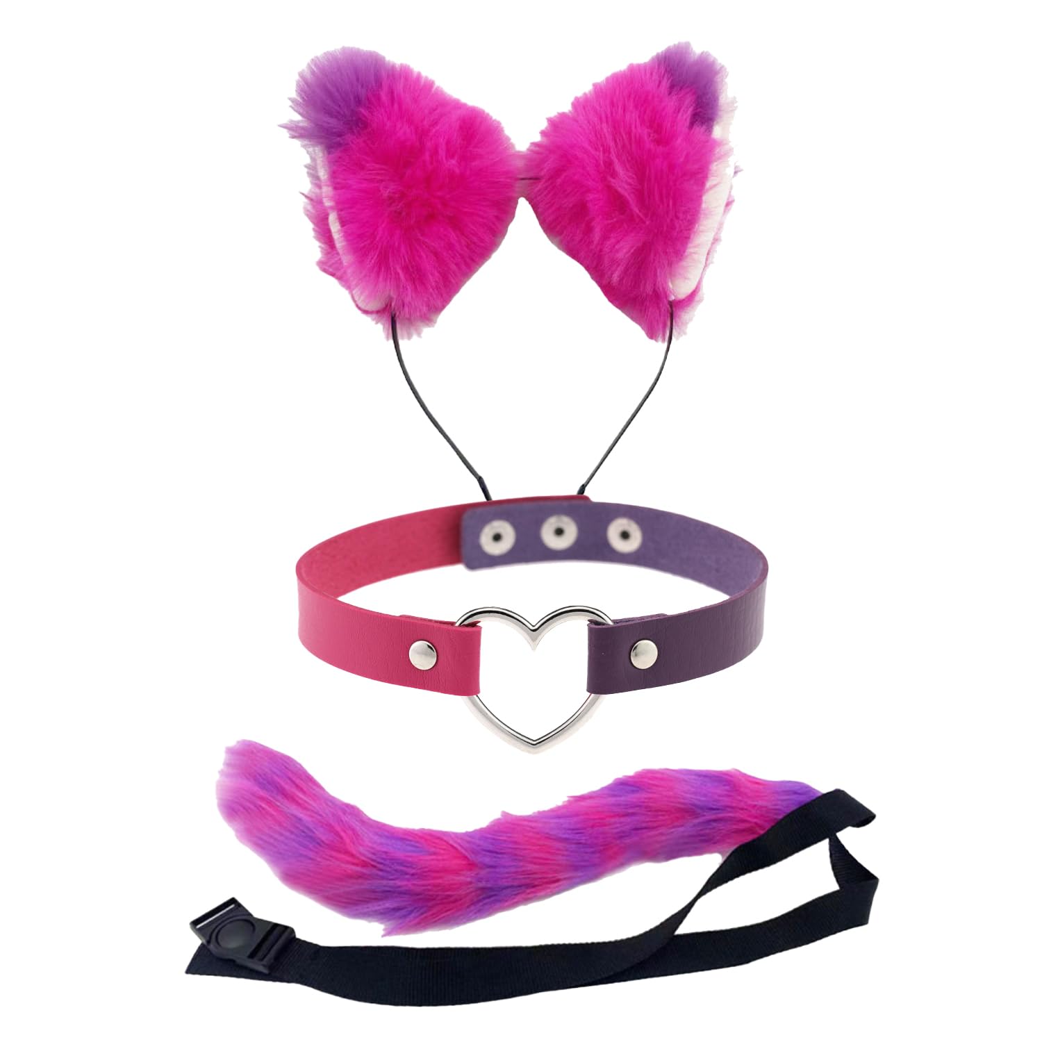Bohue 3 Pieces Pink and Purple Striped Cat Costume Cat Ears Headband Furry Tail and PU Choker Halloween Cosplay Accessories Party Supplies for Women