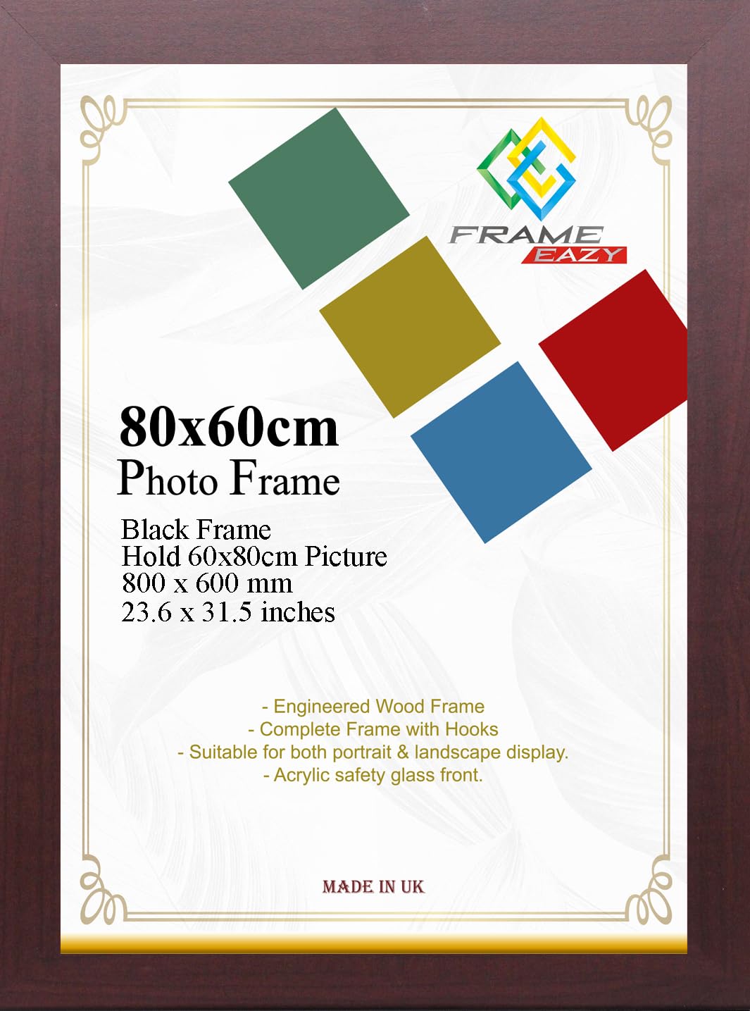 Modern Mahogany Poster Frame 80 x 60cm Large Photo Frame 600x800mm Picture Frames With Safe Clear Perspex Front & Wall Mounting - 60 x 80cm Premium Wall Photo Frames