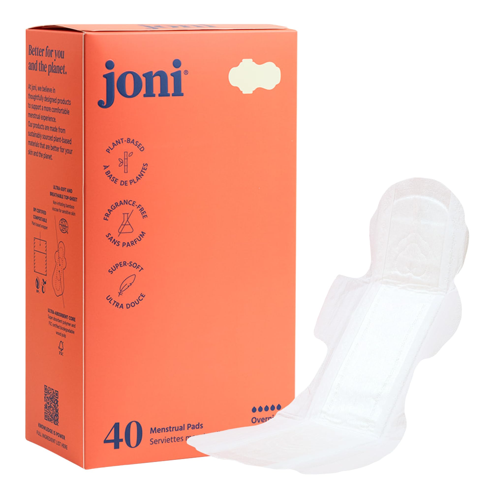 joni Organic Bamboo Overnight Pads, Extra Long Organic Pads for Women, Heavy to Super Heavy Flow, Winged, Ultra-Thin, Ultra-Absorbent, Biofilm Wrapped, Compostable Packaging, 34.5 cm, 40 Count