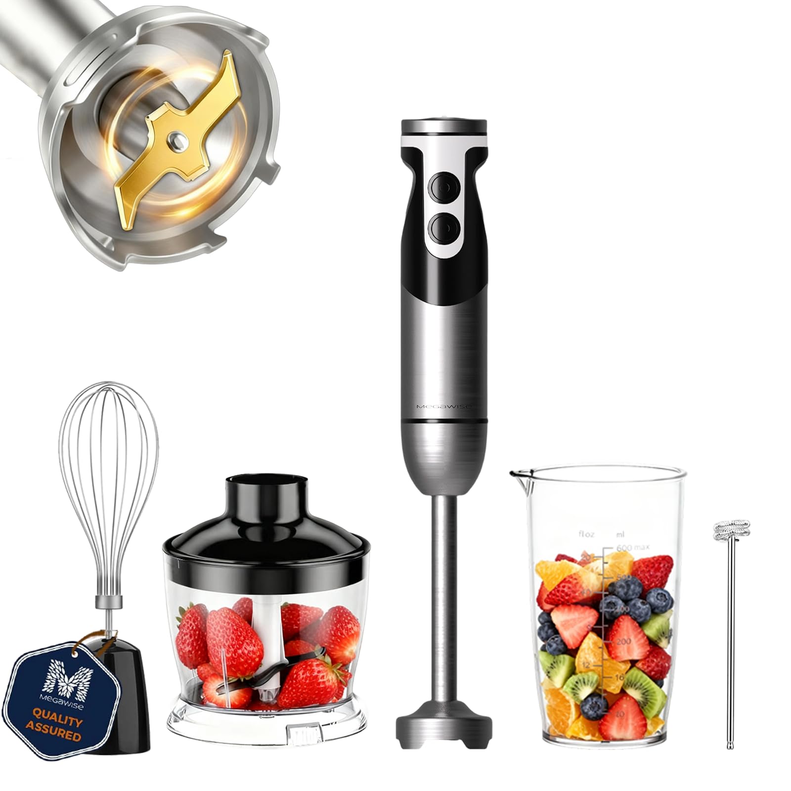 MEGAWISE Immersion Hand Blender, 800W DC Motor, Variable Speed Control