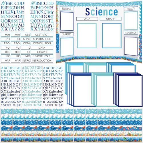 96 Pcs Science Fair Board Supplies 60 Trim Scalloped Poster Boards 24 Presentation Border Stickers 4 Self Adhesive Project Titles 8 Letter Sticker for Classroom Display(Ocean Style)