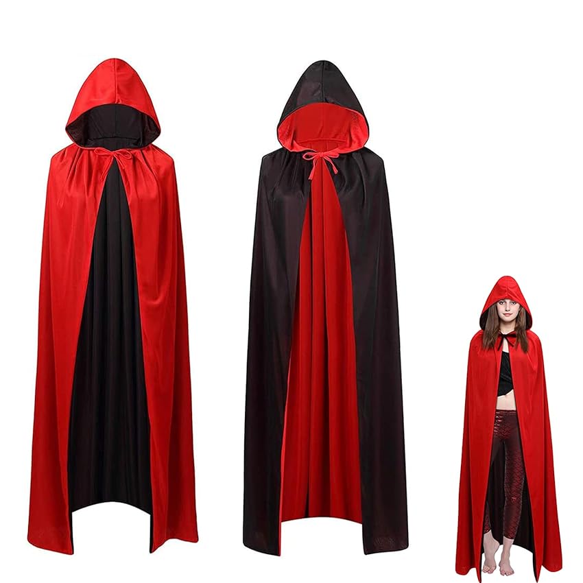 OUQIWEN Mantello Per Costume di Halloween,Mantello Da Vampiro adulto,Reversibile Nero Rosso Mantello per,Mantello Donne e Uomini con Cappuccio per Adulti (150cm)