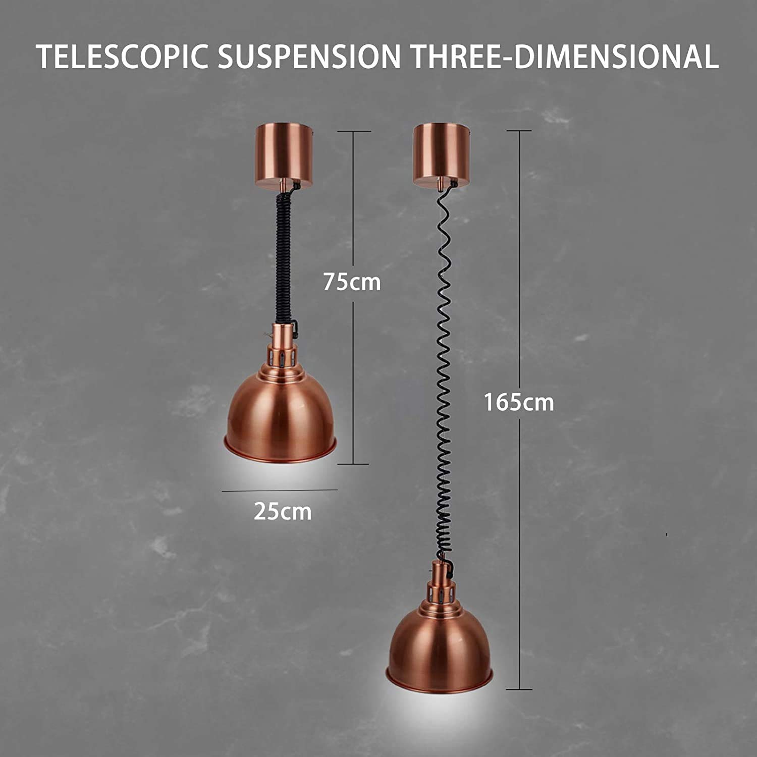 Lampa do podgrzewania żywności, lampa na podczerwień, rozszerzalna żarówka na podczerwień, 250 W, regulowana długość, 75-165 cm, restauracja/bufet/grill/pizza i barwnik 25 cm, złoty (Schwar