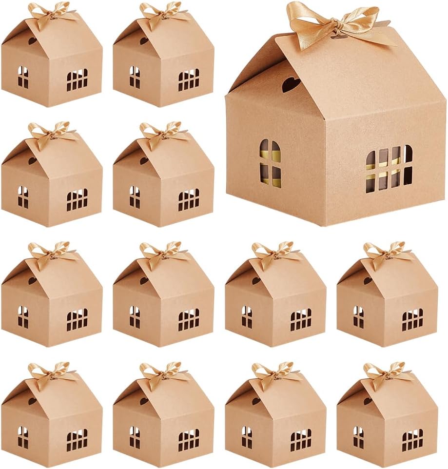 PH PandaHall House Shaped Gift Boxes 4.9x4.9x5.3 Inch Kraft Paper Boxes with Ribbons Cookie Bakery Box Cardboard Treat Box for Open House Birthday Wedding Party Anniversaries, 12 Sets
