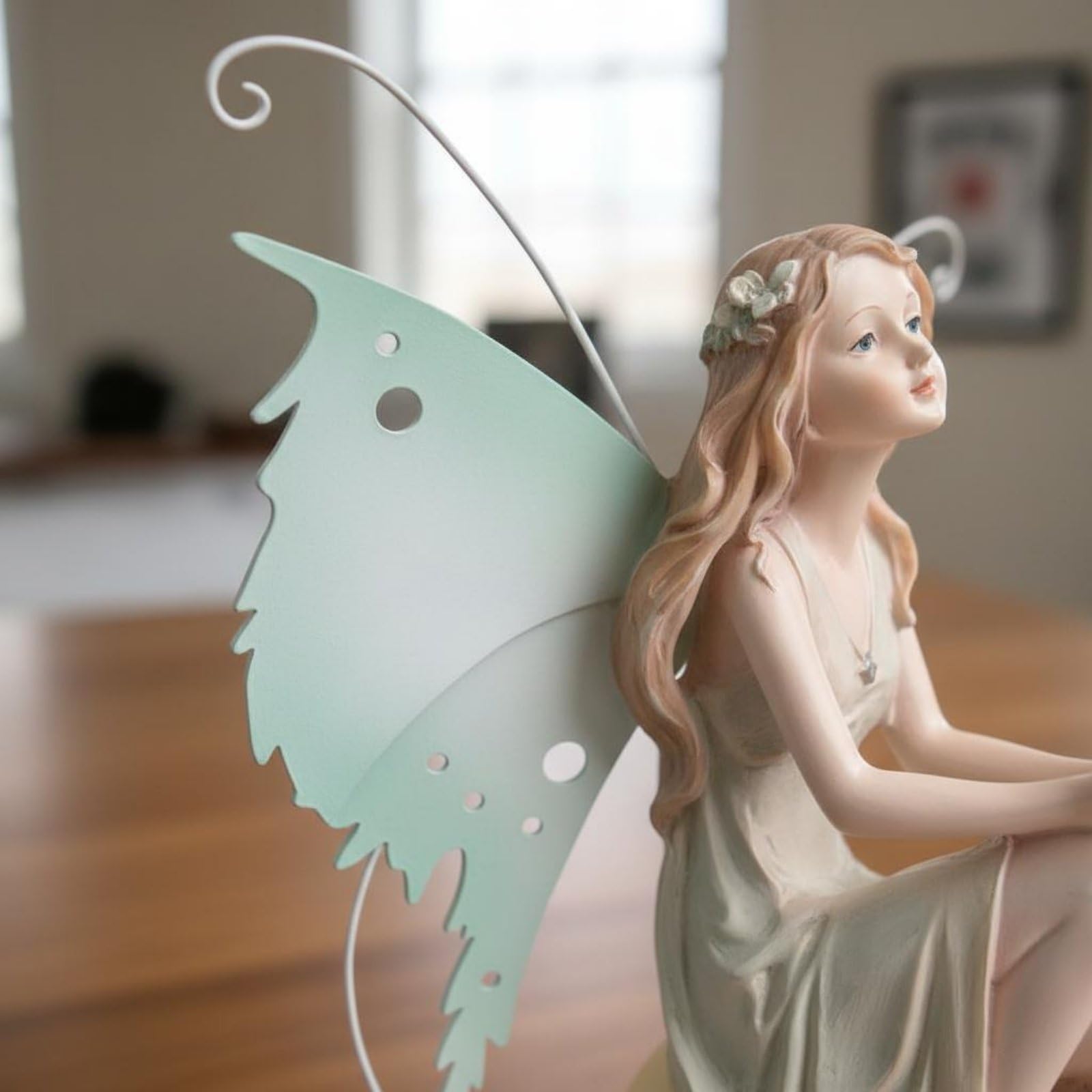 Ángel Figura Decorativa Estatua Hada Escultura de Jardín en Resina Sintética con Detalladas y Bola Cristalina Adecuado para Regalo Oficina Estudio Sala de Estar, Mirando Abajo