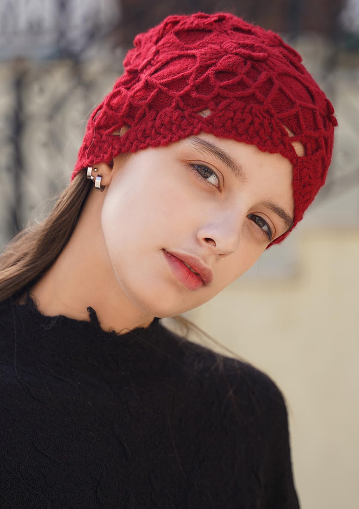 YUONNY Handgemachte Gehäkelte Beanie Mütze für Frauen Mädchen, 100% Kaschmir Doppellagige Ausgehöhlte Gestrickt Blumenmütze, Damen Weiche Warme Strickmütze, Mode Leichte Herbst Winter Hut Mütze Red F