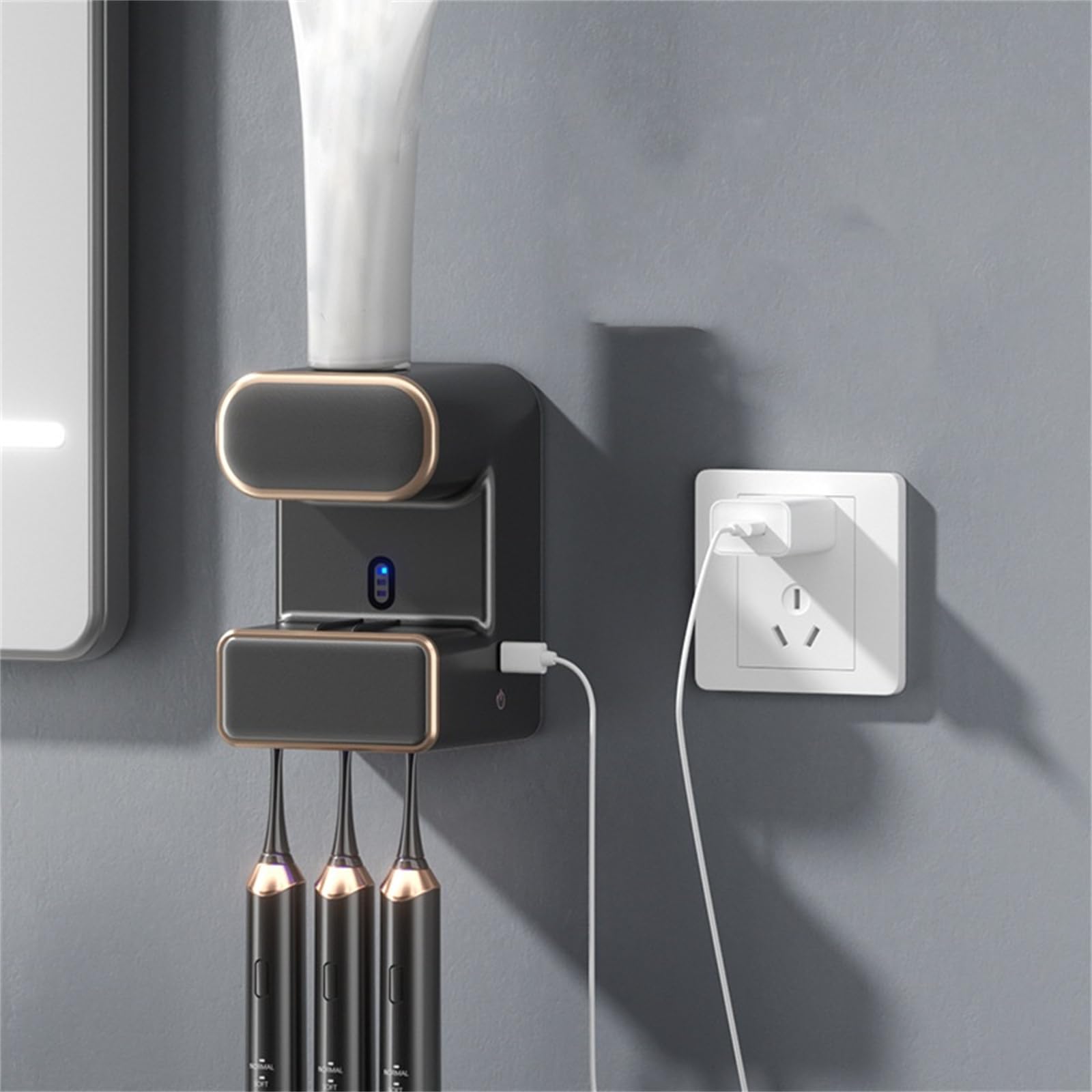 Partslety Automatic Toothpaste Dispenser, Wall Mounted Electric Toothpaste Dispenser with 3 Toothbrush Slots, Thermal Sensing Bathroom Automatic Toothpaste Squeezer Black