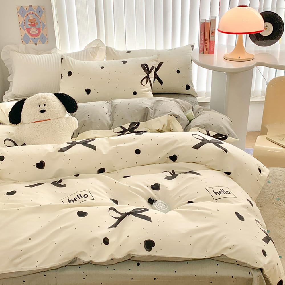 Covebett Bettwäsche 135x200 Mädchen Beige mit Schwarz Schleifen Herzen Bettbezug 2teilig Aesthetic Kawaii Schleifenmuster Renforcé Microfaser Deckenbezug mit Reißverschluss und Kissenbezug 80x80cm
