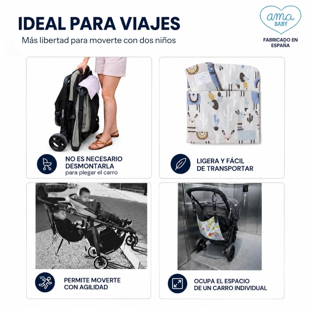 Hamaca Carro Bebé 2 en 1 - Asiento Extra Hermano Mayor - La Solución para Dos Niños - Alternativa a Patinete - Niños 2 a 6 Años Max.20 kg - Fabricada En España - Incluye Pañalera multiusos | Un lugar donde descansar para el hermano mayor