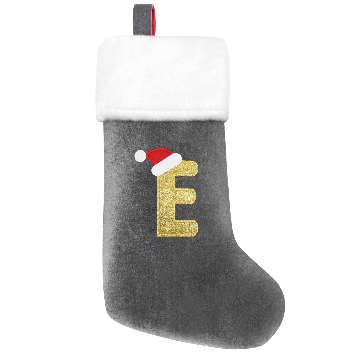 VEYLIN Christmas Stocking with Embroidered Letter, 20 Inch Embroidered Stockings White Plush Cuff Xmas Christmas Stocking for Family Holiday Season Decor(Letter E) โ image 1