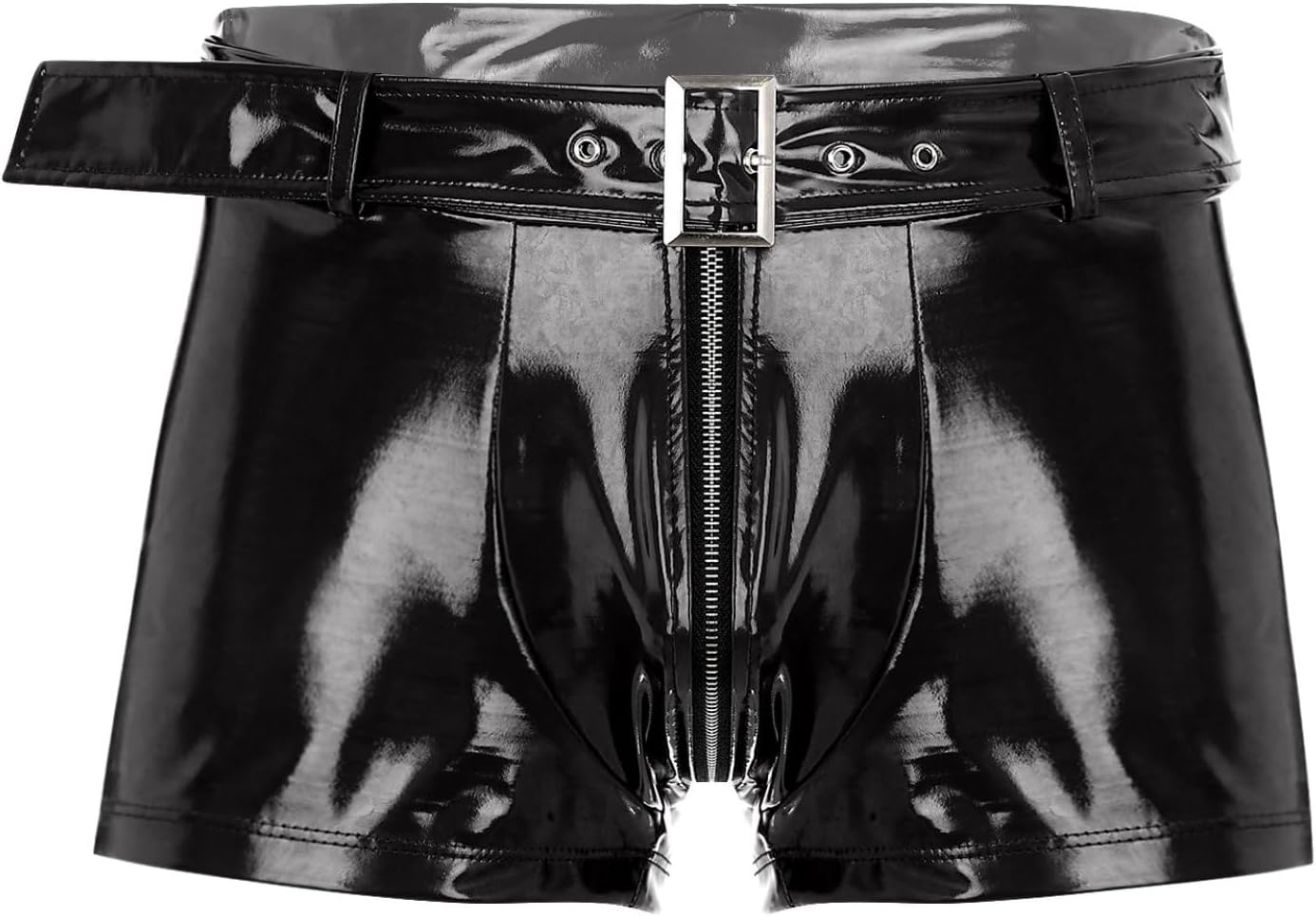 Sywiyi Men's Wet Look PVC Leather Shorts Zipper Crotch Bulge Pouch Boxer Brief Hot Pants with Waist Belt