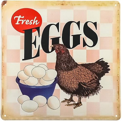 -Poster Revolution - Cartel de hojalata envejecida de gallina y pollo con huevos frescos de 10 x 10 pulgadas