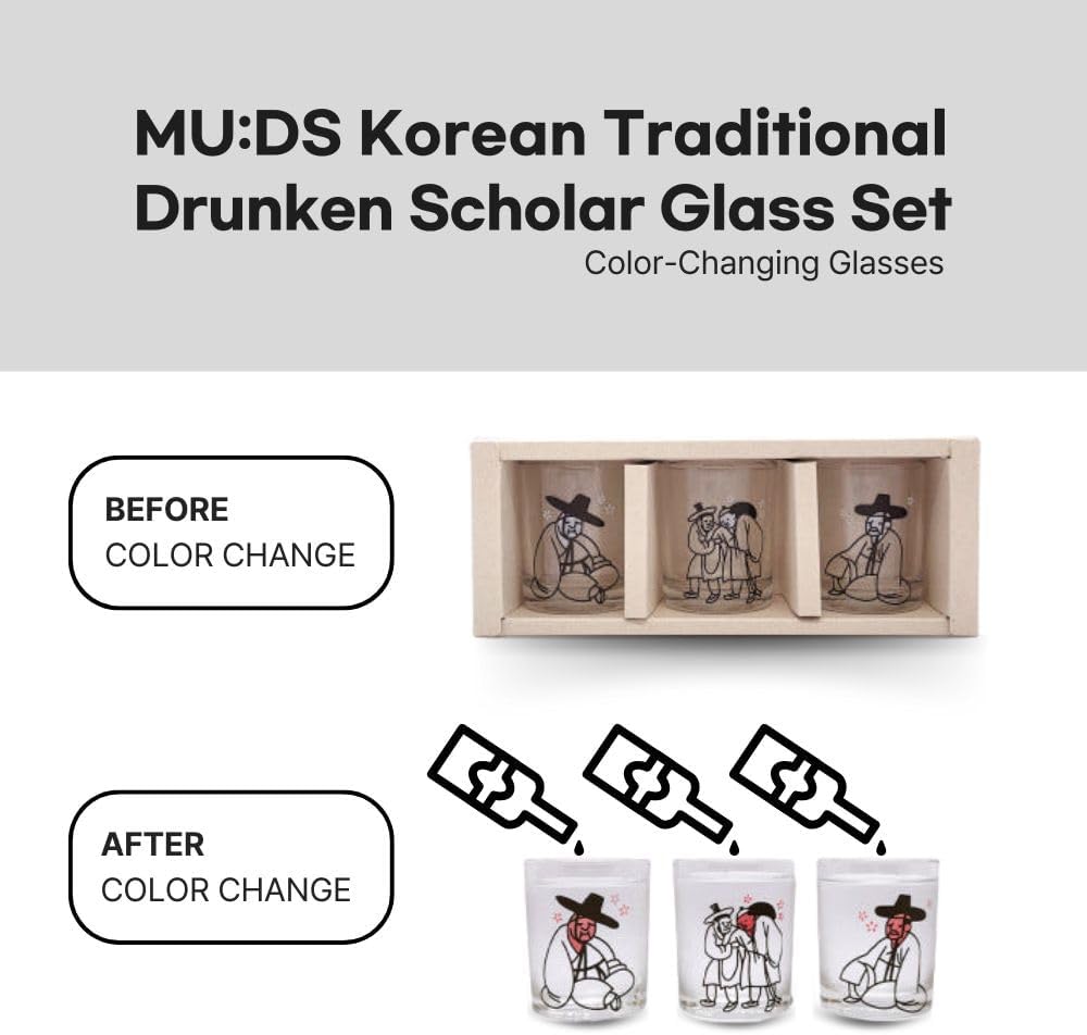 MU:DS Korean Soju Shot Glass Set of 3 – Color Changing Drunken Scholar Design, Traditional Hanbok Characters, Funny Unique Gift for Bar or Party