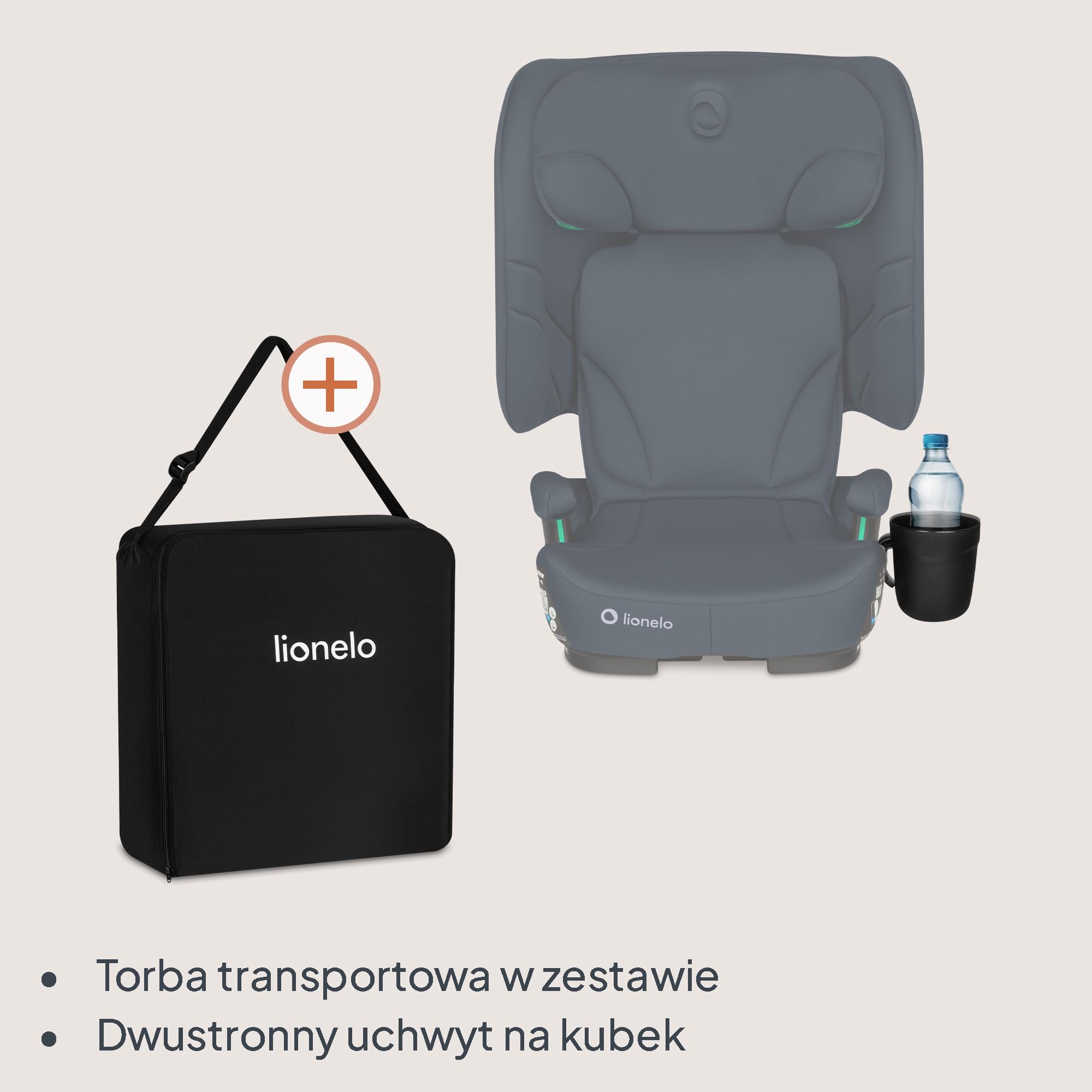 LIONELO Bezpieczny Składany Fotelik Samochodowy I-Size R129 Z ISOFIX Podróżny z Torbą Transportową z Uchwyt Na Kubek 14-Stopniowa Regulacja Zagłówka Regulowane Oparcie Dla Dzieci 100–150 Cm 3–12 lat