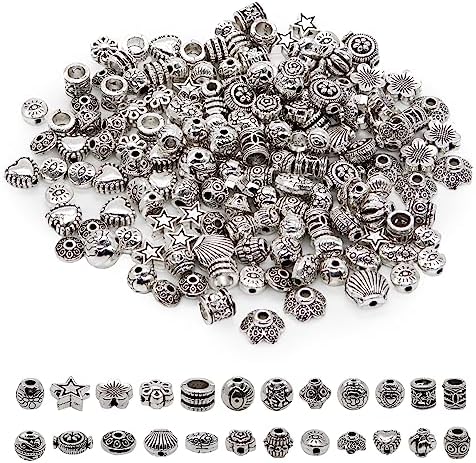 200 Silver Spacer Beads - 100g Tibetan Antique Silver Color Metal Beads Sterling Small Loose Spacer Beads with 24 Styles for Jewelry Making DIY Charm Bracelets