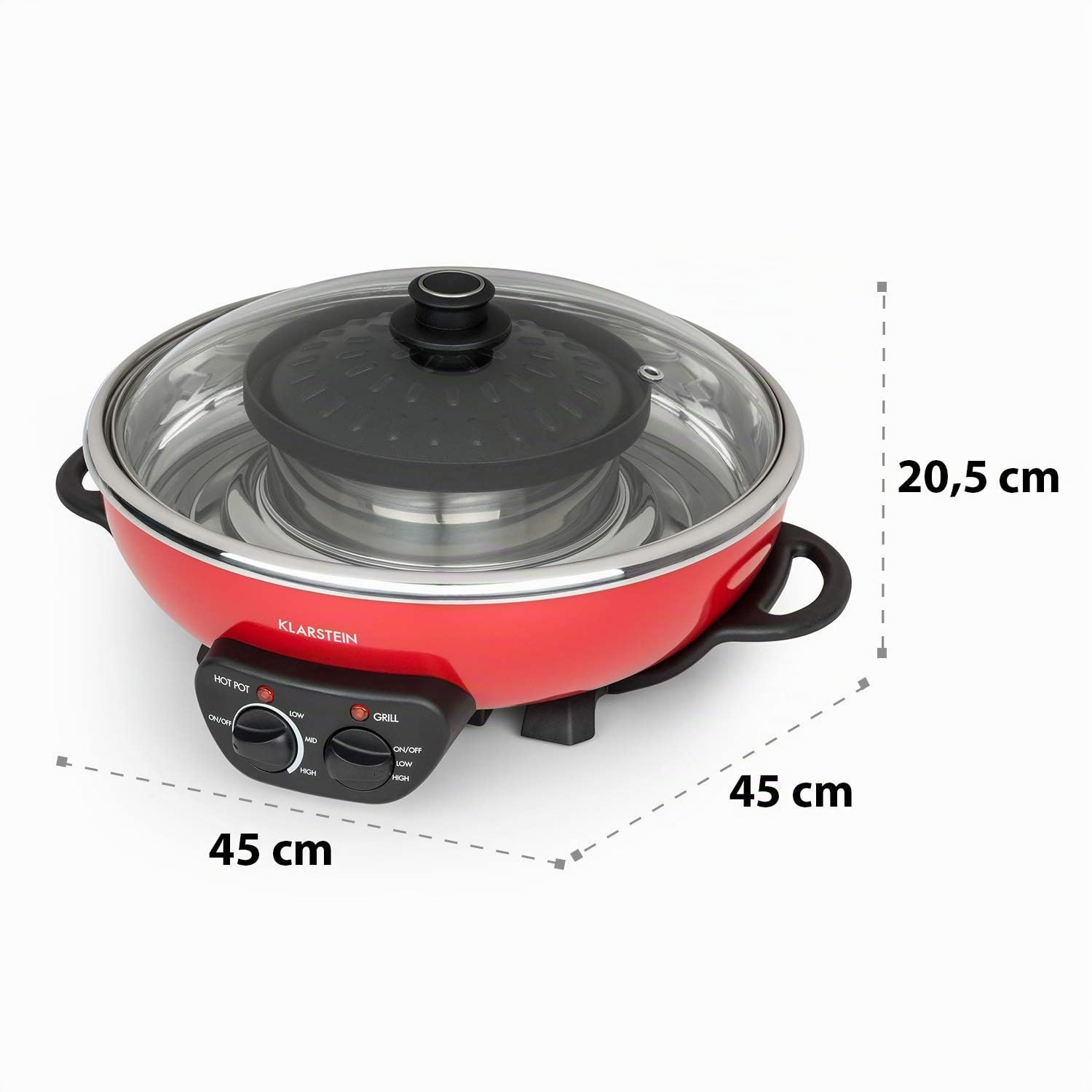 KLARSTEIN Szechuan - Hot Pot e Piastra, Grill Elettrico senza Fumo, Pentola Elettrica Multifunzione, 5 L, Hot Pot: 1350 Watt/38 cm Ø, Piastra: 600 W/22 cm Ø, Elemento Riscaldante in Alluminio, Rosso