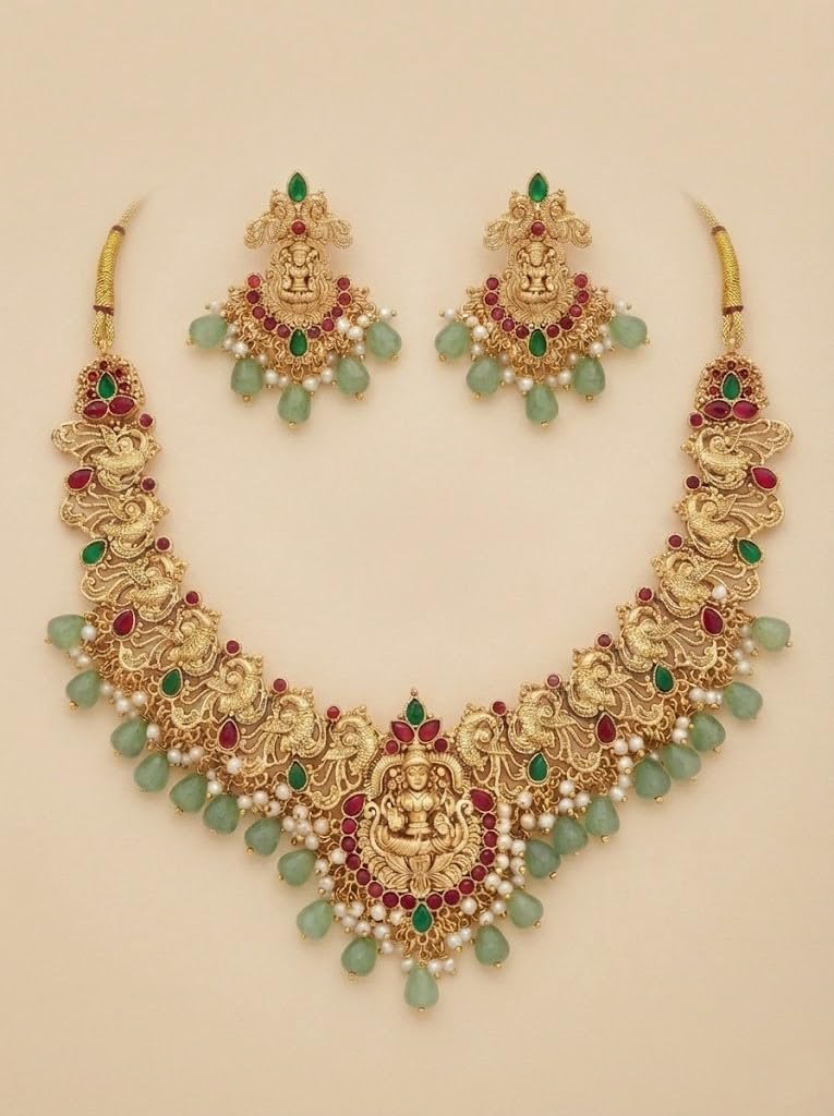 Temple Jewelry Necklace Set for Women – Gold Plated Goddess Lakshmi Design Statement Necklace with Matching Earrings, Green & Red Stones, Traditional Indian Bridal Wedding Jewelry