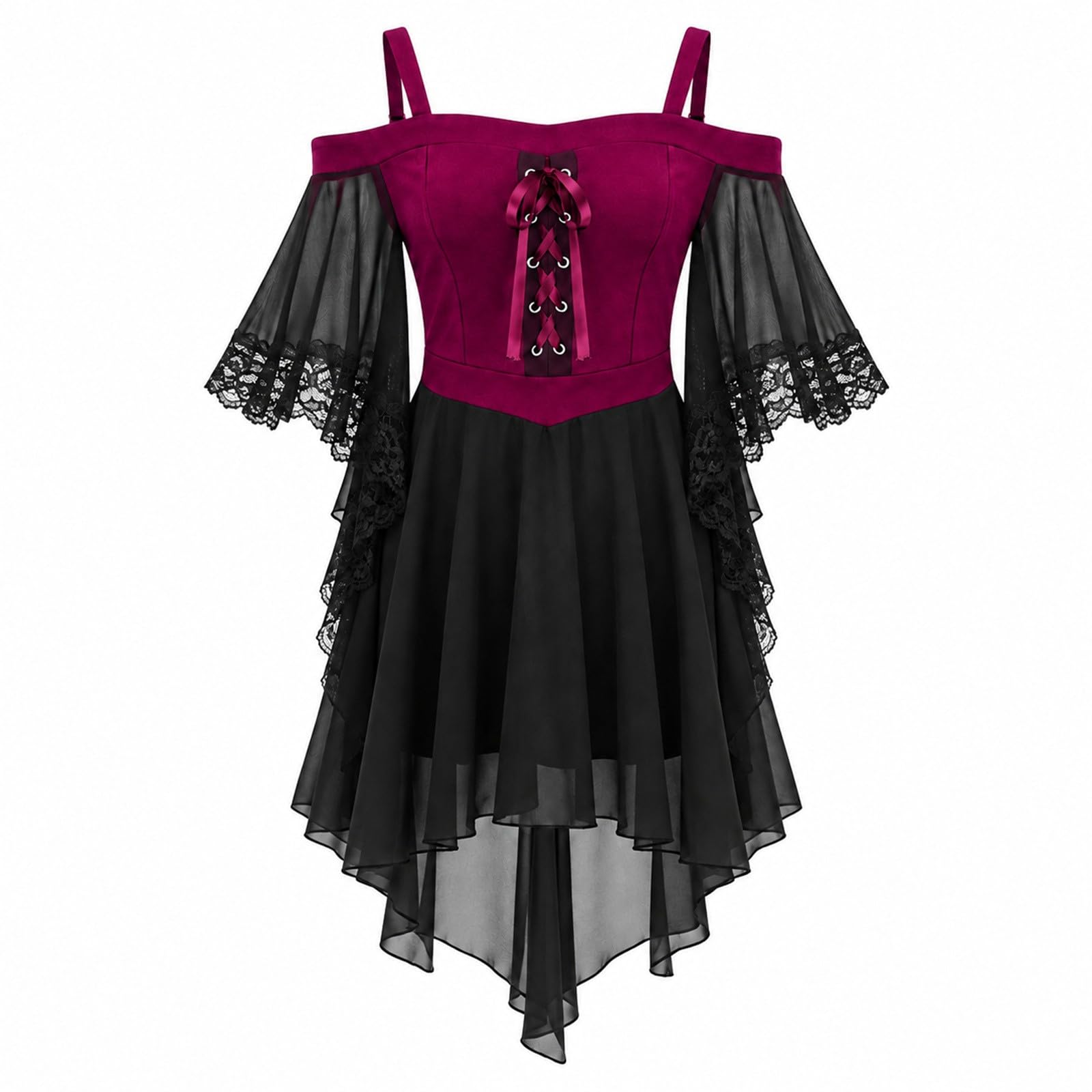 Girls Halloween Costume Kids Gothic Witch Cold Shoulder Strap Dresses Medieval Halloween Gothic Dress, A-Line Mesh Patchwork, Butterfly Sleeve, Steampunk Costume Vampire Party Dress for Carnival