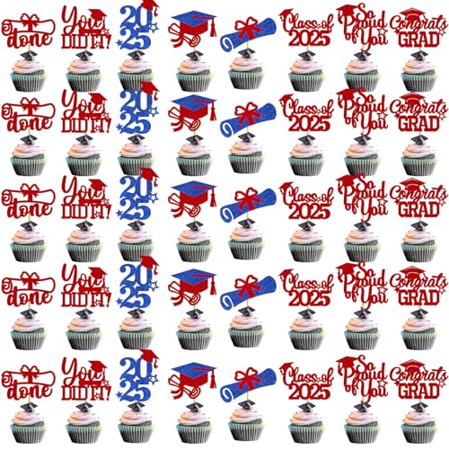 40PcsGraduation Cupcake Toppers 2025 Graduation Decorations Class of 2025 Cupcake Toppers 2025 Congrats Grad Cap Cupcake Picks Graduation Party Decorations 2025 (red blue)