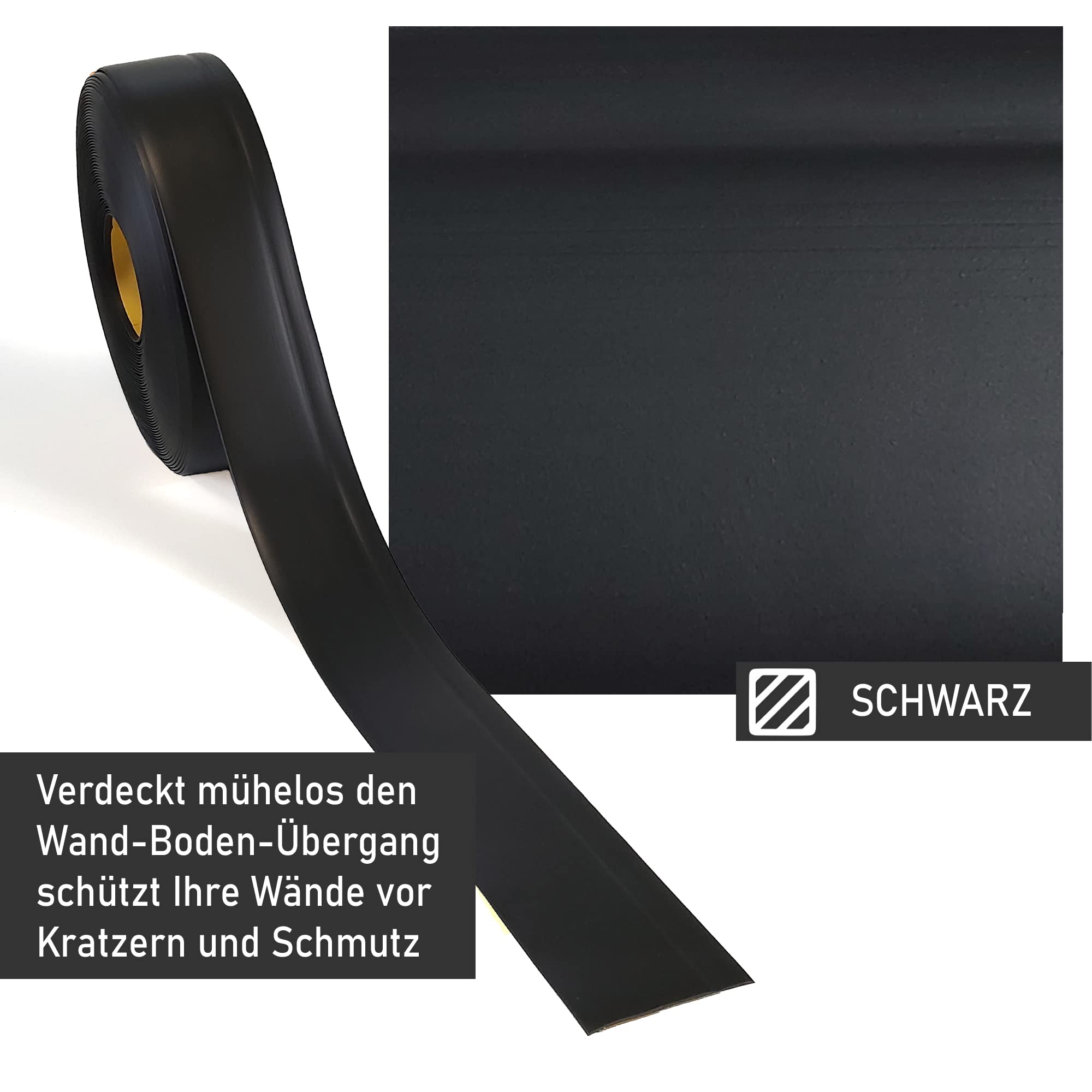 Sockelleiste LEMODO - 50 x 15 mm (Länge: 25 m, Farbe: schwarz) - Fußleisten zuschneidbar – Weichsockelleiste selbstklebend aus PVC – Abschlussleiste Küchenarbeitsplatte, Bad, Arbeitsplatte etc.