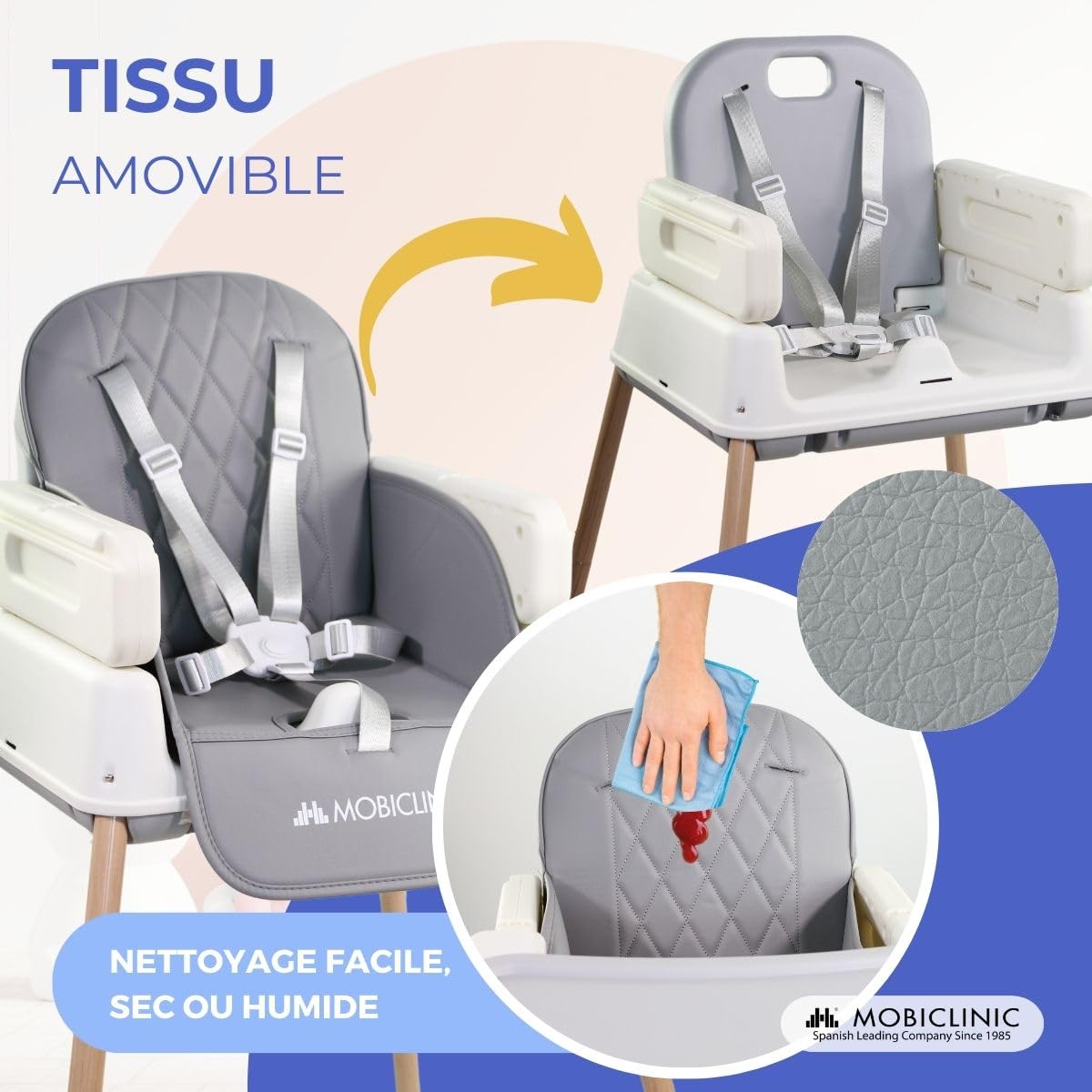 Mobiclinic® kids, Chaise haute bébé évolutive, 3 en 1, Kiara, Rehausseur + de jeux, Pliable, Harnais à 5 points, Plateau réglable, 6-36 mois, Jusqu'à 15 kg, Imperméable