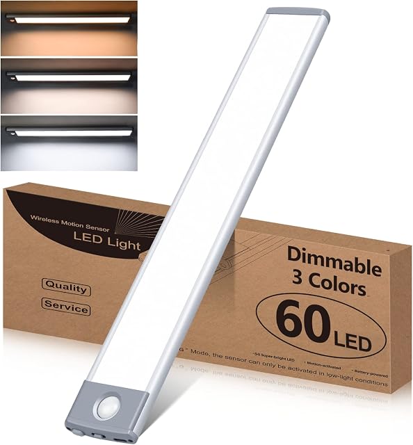 60 LED Closet Kitchen Light 3 Color Temperature Stepless Dimming, Motion Sensor Lights Indoor, Wardrobe Light USB Rechargeable Under Cabinet Lighting, Cupboard Light Stick-on Kitchen Stairs Hallway