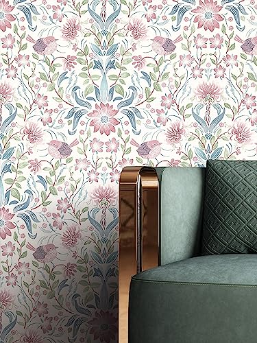 Newroom Tapete Rosé Vlies Blumenmuster - Romantisch Floral Vintage Vögel Blätter für Schlafzimmer Wohnzimmer