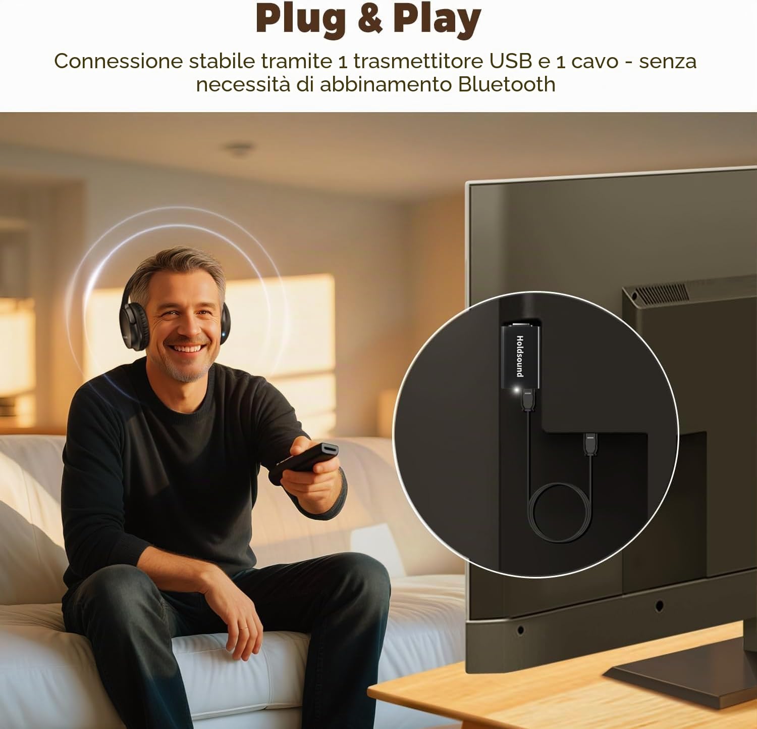 Holdsound Cuffie per TV Senza Fili con Trasmettitore USB (Inchiostro nero) | Cuffie TV Wireless, Alto Volume, Plug And Play, Senza Latenza Audio, Riproduzione Audio di 40 Ore