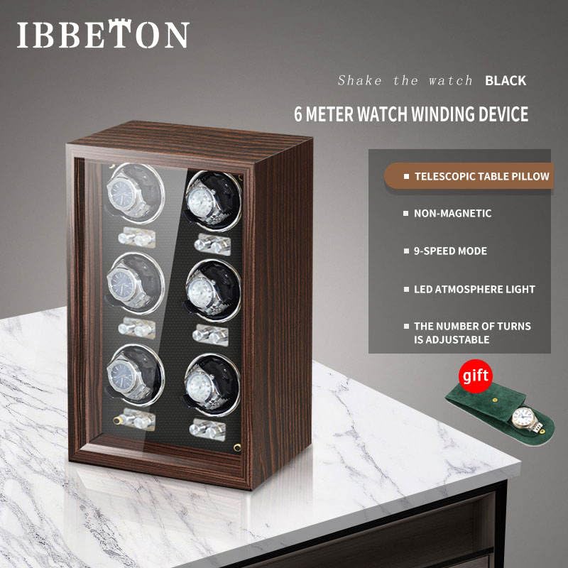 Image of Bequest Watch Winders for 3 /6 Automatic Watches Wooden Rotating Watch Box 15 Rotation Modes Setting Display Case with LED Light, AC or USB Powered Super Quiet Mabuchi Motor, Black, 6 Winding Spaces