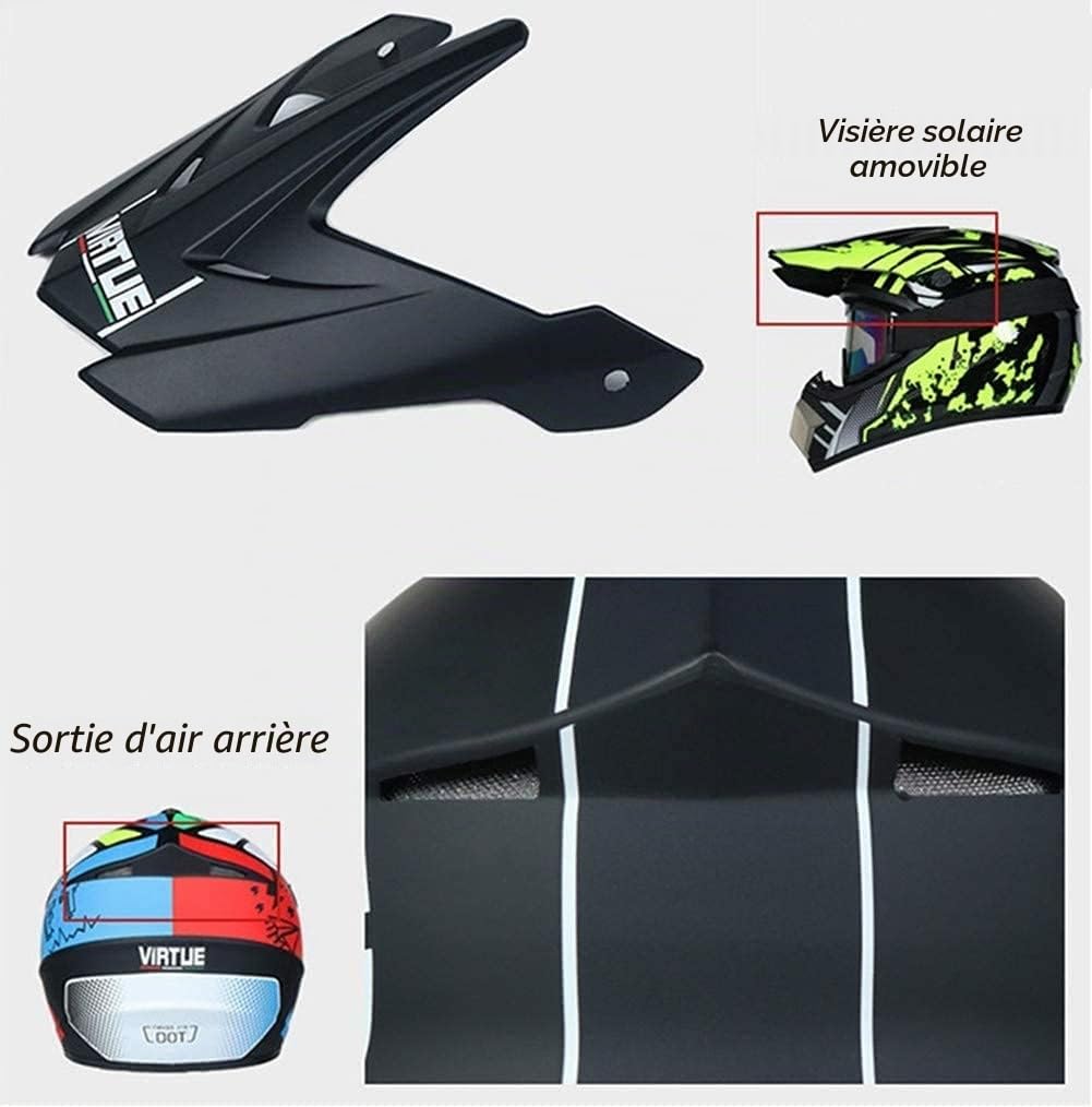Jeunesse Enfants Casque Motocross, Intégral Hors Route MX Moto Casque VTT Scooter Casque, Descente Enduro MTB BMX Vélo Tout-Terrain Accident Casque, avec Lunettes Gants Masque